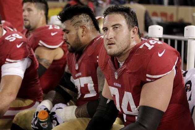 San Francisco 49ers offensive tackle Joe Staley (74) and guard Mike Iupati (77) against the Green Bay Packers during the second half of an NFC divisional playoff NFL football game in San Francisco, Saturday, Jan. 12, 2013. (AP Photo/Tony Avelar)