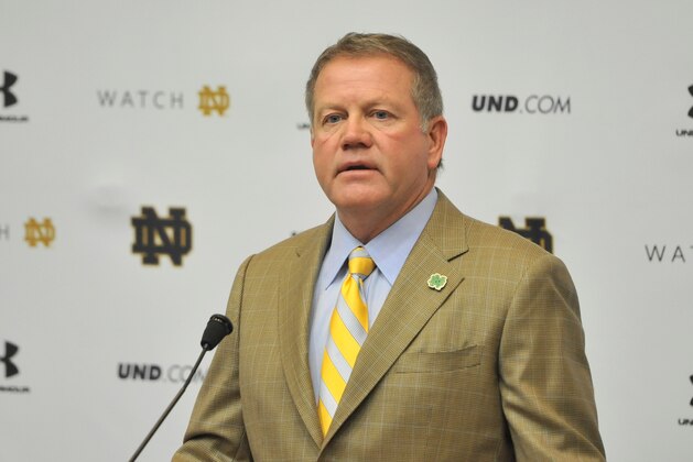 Notre Dame football coach Brian Kelly answers a question during a press conference Tuesday Oct. 7, 2014 in South Bend, Ind. Notre Dame will play North Carolina Saturday Oct. 18 in South Bend. (AP Photo/Joe Raymond)