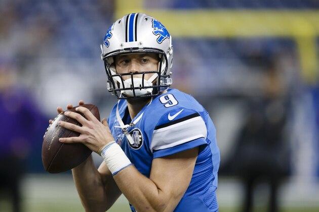 Detroit Lions quarterback Matthew Stafford (9) during warm ups before an NFL football game against the Minnesota Vikings at Ford Field in Detroit, Sunday, Dec. 14, 2014. (AP Photo/Rick Osentoski)