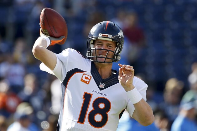 Peyton Manning, de los Broncos de Denver, calienta antes del partido del domingo 14 de diciembre de 2014, frente a los Chargers de San Dieg (AP Foto/Lenny Ignelzi) Peyton Manning, de los Broncos de Denver, calienta antes del partido del domingo 14 de diciembre de 2014, frente a los Chargers de San Dieg (AP Foto/Lenny Ignelzi)