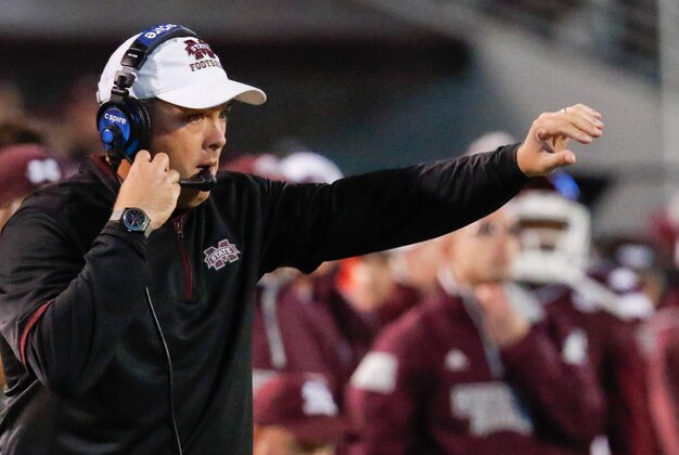 Nov 1, 2014; Starkville, MS, USA; Mississippi State Bulldogs assistant coach Geoff Collins at Davis Wade Stadium.  The Bulldogs defeat the Razorbacks 17-10. Mandatory Credit: Marvin Gentry-USA TODAY Sports