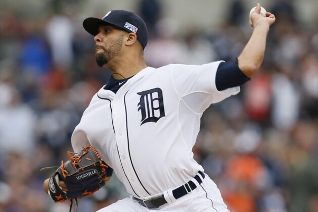Detroit Tigers starting pitcher David Price (14) throws during the first inning in Game 3 of baseball's AL Division Series against the Baltimore Orioles, Sunday, Oct. 5, 2014, in Detroit. (AP Photo/Paul Sancya)