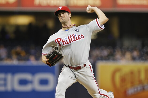 Philadelphia Phillies starting pitcher Cole Hamels throws against the San Diego Padres during the first inning of a baseball game Wednesday, Sept. 17, 2014, in San Diego. (AP Photo/Don Boomer)