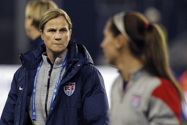 United States coach Jill Ellis, left, watches her team warm up before a CONCACAF Women's Championship soccer match against Trinidad and Tobago, Wednesday, Oct. 15, 2014, in Kansas City, Kan.(AP Photo/Colin E. Braley) United States coach Jill Ellis, left, watches her team warm up before a CONCACAF Women's Championship soccer match against Trinidad and Tobago, Wednesday, Oct. 15, 2014, in Kansas City, Kan.(AP Photo/Colin E. Braley)