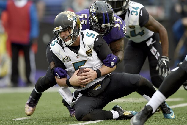 Jacksonville Jaguars quarterback Blake Bortles (5) is sacked by Baltimore Ravens outside linebacker Terrell Suggs (55) during the first half of an NFL football game in Baltimore, Sunday, Dec. 14, 2014. (AP Photo/Nick Wass)