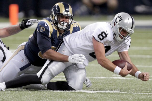 Oakland Raiders quarterback Matt Schaub, right, is sacked for an 8-yard loss by St. Louis Rams defensive tackle Aaron Donald, left, during the fourth quarter of an NFL football game Sunday, Nov. 30, 2014, in St. Louis. The Rams won 52-0. (AP Photo/Tom Gannam) Oakland Raiders quarterback Matt Schaub, right, is sacked for an 8-yard loss by St. Louis Rams defensive tackle Aaron Donald, left, during the fourth quarter of an NFL football game Sunday, Nov. 30, 2014, in St. Louis. The Rams won 52-0. (AP Photo/Tom Gannam)