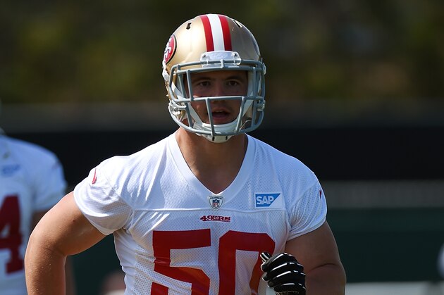 SANTA CLARA, CA - MAY 23:  Chris Borland #50 of the San Francisco 49ers participates in drills during 49ers Rookie Minicamp on May 23, 2014 in Santa Clara, California.  (Photo by Thearon W. Henderson/Getty Images)