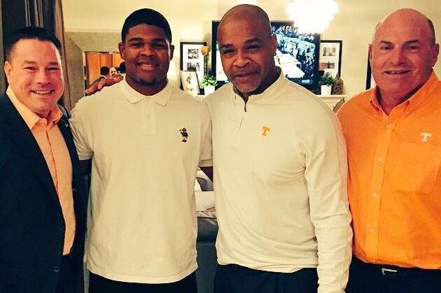 Vols locked down Darrin Kirkland Jr., and UT sent in the cavalry with (L-to-R) head coach Butch Jones, Kirkland, linebackers coach Tommy Thigpen and defensive line coach Steve Stripling on an in-home visit.