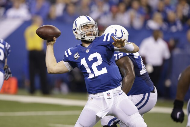 Indianapolis Colts quarterback Andrew Luck throws against the Houston Texans during the first half of an NFL football game in Indianapolis, Sunday, Dec. 14, 2014. (AP Photo/Darron Cummings)