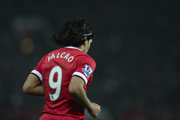 Manchester United's Radamel Falcao Garcia is seen during the English Premier League soccer match between Manchester United and Hull City at Old Trafford Stadium, Manchester, England, Saturday Nov. 29, 2014. (AP Photo/Jon Super)