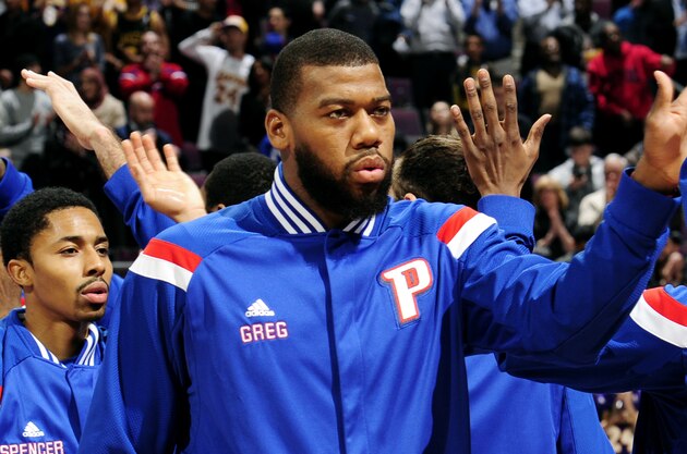 AUBURN HILLS, MI - DECEMBER 2: Greg Monroe #10 of the Detroit Pistons gets introduced before a game against the Los Angeles Lakers on December 2, 2014 at The Palace of Auburn Hills in Auburn Hills, Michigan. NOTE TO USER: User expressly acknowledges and agrees that, by downloading and/or using this photograph, User is consenting to the terms and conditions of the Getty Images License Agreement.  Mandatory Copyright Notice: Copyright 2014 NBAE (Photo by Allen Einstein/NBAE via Getty Images)