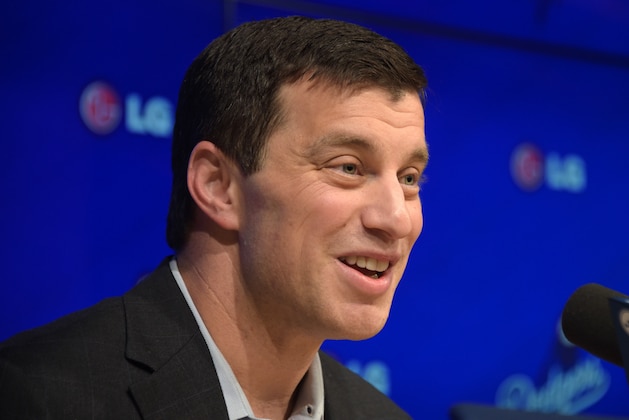 Oct 17, 2014; Los Angeles, CA, USA; Andrew Friedman is introduced as Los Angeles Dodgers president of baseball operations at press conference at Dodger Stadium. Mandatory Credit: Kirby Lee-USA TODAY Sports