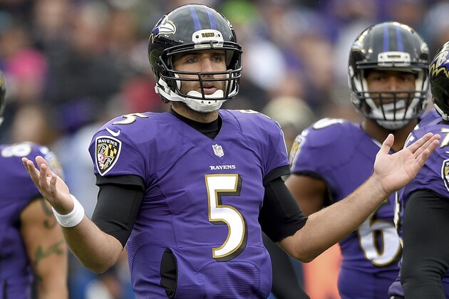 Baltimore Ravens quarterback Joe Flacco (5) reacts to a call during the first half of an NFL football game against the Jacksonville Jaguars in Baltimore, Sunday, Dec. 14, 2014. (AP Photo/Nick Wass)