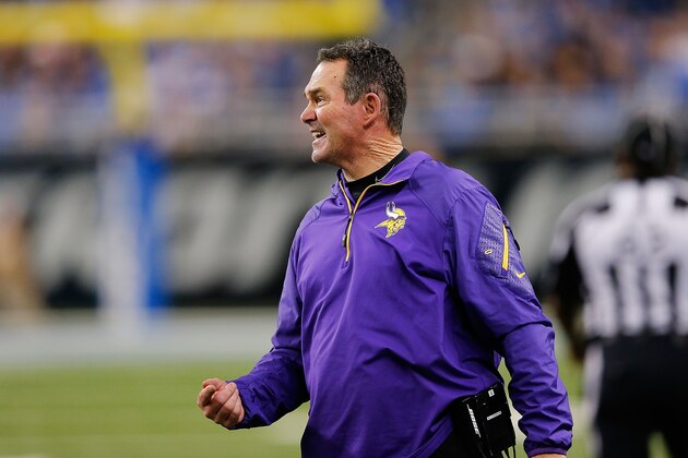 DETROIT, MI - DECEMBER 14: Minnesota Vikings head football coach Mike Zimmer watches the action during the game against the Detroit Lions at Ford Field on December 14, 2014 in Detroit, Michigan. The Lions defeated the Vikings 16-14. (Photo by Leon Halip/Getty Images) DETROIT, MI - DECEMBER 14: Minnesota Vikings head football coach Mike Zimmer watches the action during the game against the Detroit Lions at Ford Field on December 14, 2014 in Detroit, Michigan. The Lions defeated the Vikings 16-14. (Photo by Leon Halip/Getty Images)