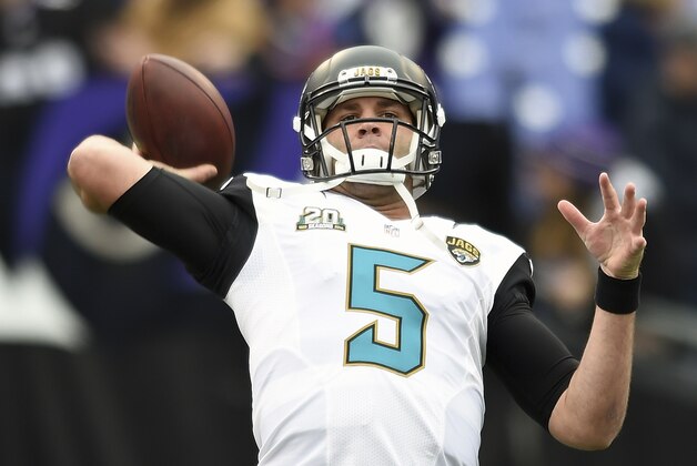 Jacksonville Jaguars quarterback Blake Bortles (5) warms up before an NFL football game against the Baltimore Ravens in Baltimore, Sunday, Dec. 14, 2014. (AP Photo/Gail Burton)