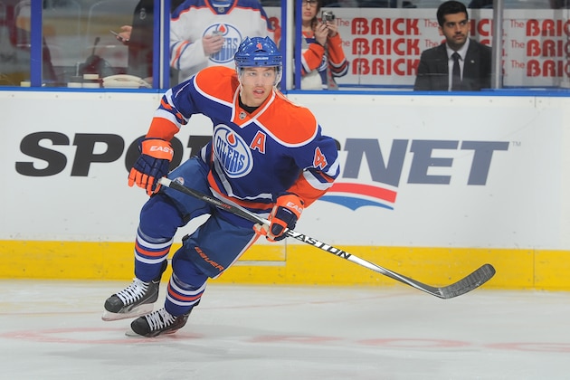 EDMONTON, AB - NOVEMBER 21: Taylor Hall #4 of the Edmonton Oilers skates on the ice prior to the game against the New Jersey Devils on November 21, 2014 at Rexall Place in Edmonton, Alberta, Canada. (Photo by Andy Devlin/NHLI via Getty Images)