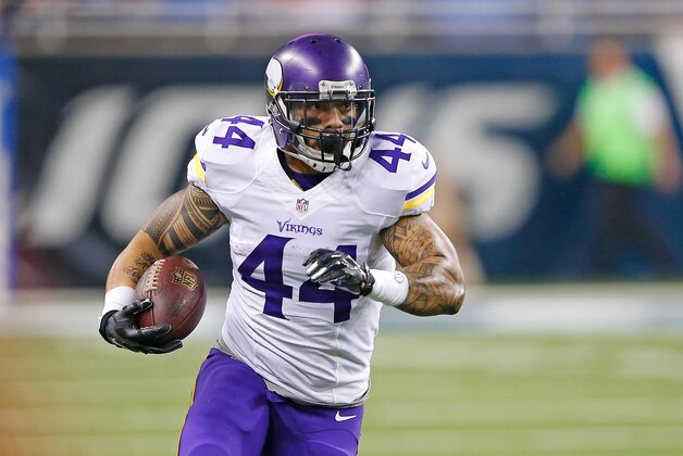 DETROIT, MI - DECEMBER 14: Matt Asiata #44 of the Minnesota Vikings runs for a first down during the first quarter during the game against the Detroit Lions at Ford Field on December 14, 2014 in Detroit, Michigan. The Lions defeated the Vikings 16-14. (Photo by Leon Halip/Getty Images)