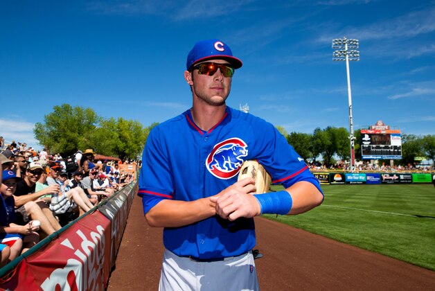 Mar 10, 2014; Scottsdale, AZ, USA; Chicago Cubs third baseman Kris Bryant prior to the game against the San Francisco Giants at Scottsdale Stadium. Mandatory Credit: Mark J. Rebilas-USA TODAY Sports