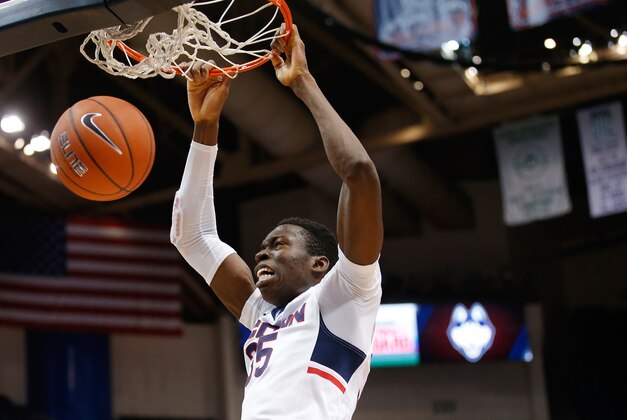 Dec 14, 2014; Hartford, CT, USA; Connecticut Huskies center Amida Brimah (35) drives to the basket against the Coppin State Eagles in the first half at XL Center. Mandatory Credit: David Butler II-USA TODAY Sports