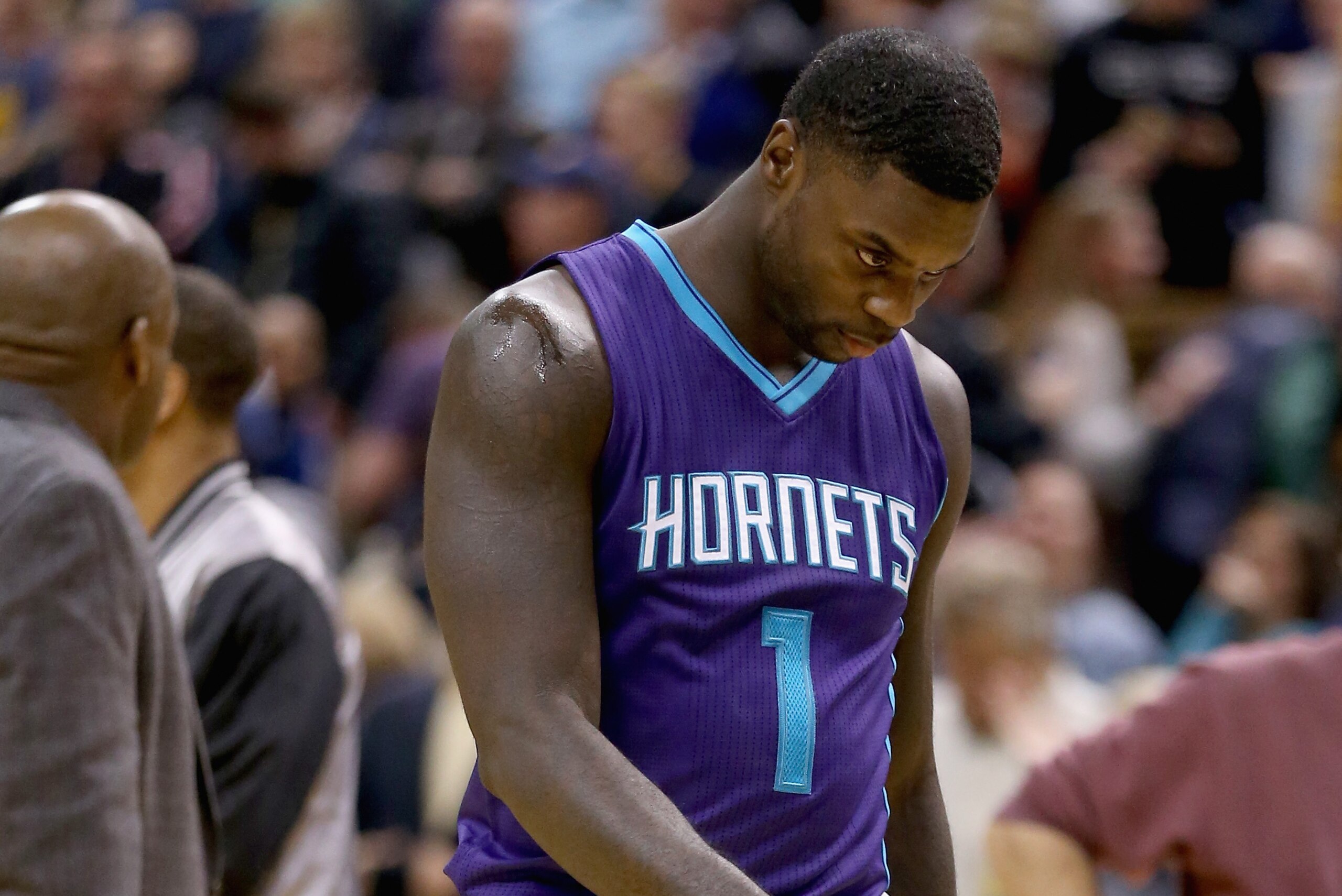 INDIANAPOLIS, IN - NOVEMBER 19:  Lance Stephenson #1 of the Charlotte Hornets walks off of the court following the 88-86 loss to the Indiana Pacers at Bankers Life Fieldhouse on November 19, 2014 in Indianapolis, Indiana. NOTE TO USER: User expressly acknowledges and agrees that, by downloading and or using this Photograph, user is consenting to the terms and conditions of the Getty Images License Agreement. Mandatory Copyright Notice:  (Photo by Andy Lyons/Getty Images)