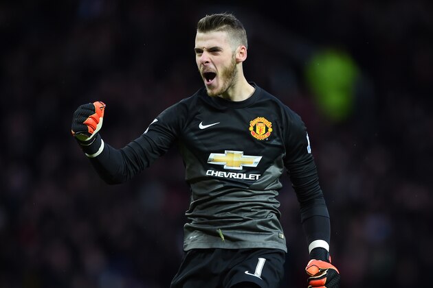 MANCHESTER, ENGLAND - DECEMBER 14:  David De Gea of Manchester United celebrates during the Barclays Premier League match between Manchester United and Liverpool at Old Trafford on December 14, 2014 in Manchester, England.  (Photo by Shaun Botterill/Getty Images)
