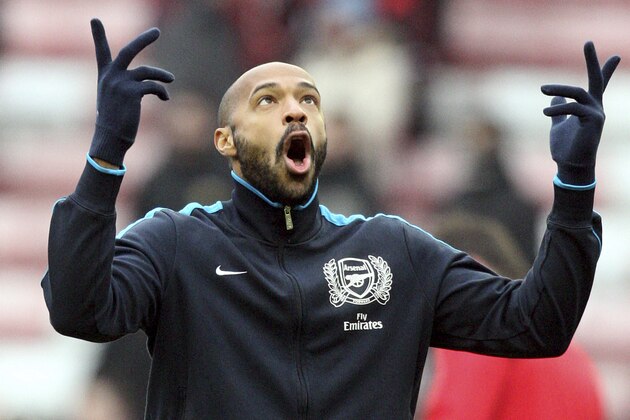 In this Saturday, Feb. 11, 2012 photo, Arsenal's Thierry Henry, is seen ahead of their English Premier League soccer match against Sunderland at the Stadium of Light, Sunderland, England.  Henry has announced his retirement following a 20-year career. The 37-year-old Henry, a member of the France teams that won the 1998 World Cup and 2000 European Championship, will take up a media role as a consultant for Sky Sports channel. (AP Photo/Scott Heppell)