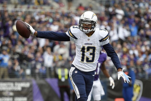 San Diego Chargers wide receiver Keenan Allen celebrates his touchdown in the first half of an NFL football game against the Baltimore Ravens, Sunday, Nov. 30, 2014, in Baltimore. (AP Photo/Nick Wass)
