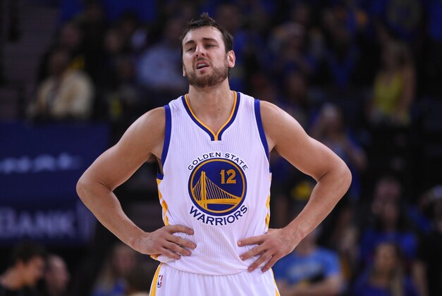 November 1, 2014; Oakland, CA, USA; Golden State Warriors center Andrew Bogut (12) looks on during the fourth quarter against the Los Angeles Lakers at Oracle Arena. The Warriors defeated the Lakers 127-104. Mandatory Credit: Kyle Terada-USA TODAY Sports
