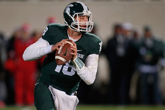 EAST LANSING, MI - OCTOBER 04: Connor Cook #18 of the Michigan State Spartans looks to pass in the first quarter against the Nebraska Cornhuskers at Spartan Stadium on October 4, 2014 in East Lansing, Michigan. (Photo by Gregory Shamus/Getty Images) EAST LANSING, MI - OCTOBER 04: Connor Cook #18 of the Michigan State Spartans looks to pass in the first quarter against the Nebraska Cornhuskers at Spartan Stadium on October 4, 2014 in East Lansing, Michigan. (Photo by Gregory Shamus/Getty Images)