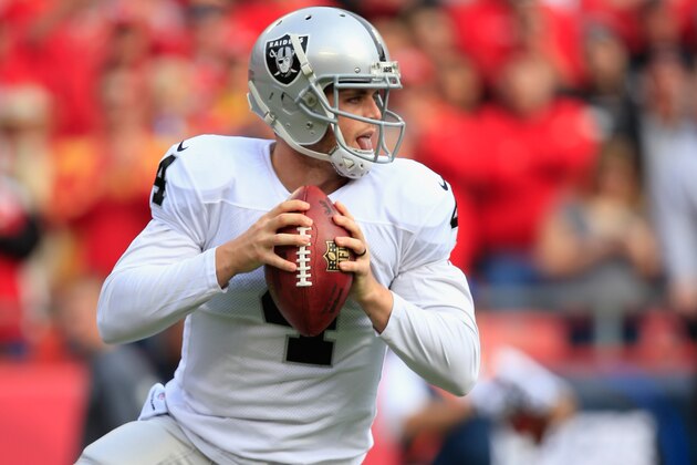 KANSAS CITY, MO - DECEMBER 14:   Derek Carr #4 of the Oakland Raiders passes against the Kansas City Chiefs during the first quarter at Arrowhead Stadium on December 14, 2014 in Kansas City, Missouri.  (Photo by Jamie Squire/Getty Images)