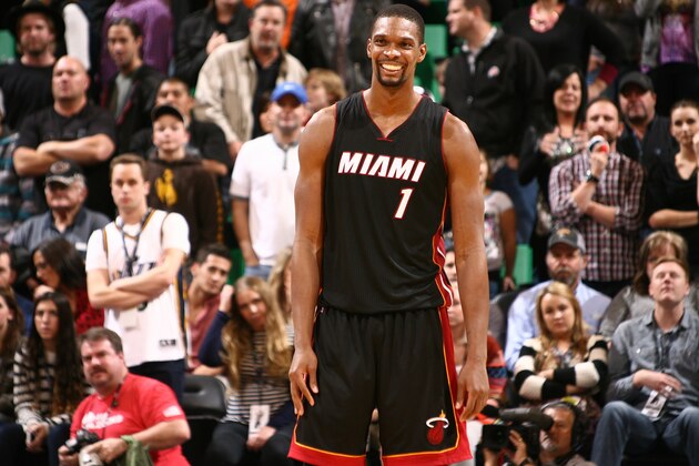 SALT LAKE CITY, UT - DECEMBER 12:  Chris Bosh #1 of the Miami Heat smiles after winning the game against the Utah Jazz at EnergySolutions Arena on December 12, 2014 in Salt Lake City, Utah. NOTE TO USER: User expressly acknowledges and agrees that, by downloading and or using this Photograph, User is consenting to the terms and conditions of the Getty Images License Agreement. Mandatory Copyright Notice: Copyright 2014 NBAE (Photo by Melissa Majchrzak/NBAE via Getty Images)