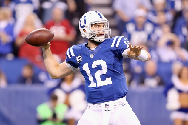 INDIANAPOLIS, IN - DECEMBER 14:  Andrew Luck #12 of the Indianapolis Colts throws a pass during the game against the Houston Texans at Lucas Oil Stadium on December 14, 2014 in Indianapolis, Indiana.  (Photo by Andy Lyons/Getty Images)