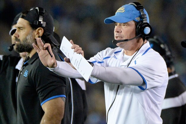 PASADENA, CA - NOVEMBER 22: Head coach Jim Mora of the UCLA Bruins calls a play during the first quarter against the USC Trojans at the Rose Bowl on November 22, 2014 in Pasadena, California. (Photo by Harry How/Getty Images) PASADENA, CA - NOVEMBER 22: Head coach Jim Mora of the UCLA Bruins calls a play during the first quarter against the USC Trojans at the Rose Bowl on November 22, 2014 in Pasadena, California. (Photo by Harry How/Getty Images)