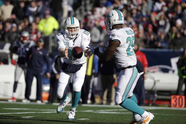 Miami Dolphins quarterback Ryan Tannehill, left, tosses the ball to running back Lamar Miller, right, in the first half of an NFL football game against the New England Patriots, Sunday, Dec. 14, 2014, in Foxborough, Mass. (AP Photo/Steven Senne)