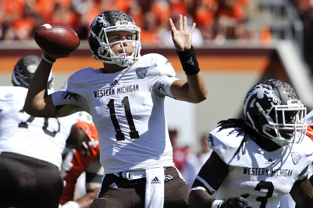 BLACKSBURG, VA - SEPTEMBER 27:  Quarterback Zach Terrell #11 of the Western Michigan Broncos throws a pass against Virginia Tech Hokies in the second half at Lane Stadium on September 27, 2014 in Blacksburg, Virginia. Virginia Tech defeated Western Michigan 35-17. (Photo by Michael Shroyer/Getty Images)