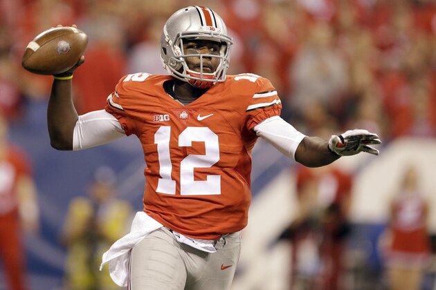 Ohio State quarterback Cardale Jones throws during the first half of the Big Ten Conference championship NCAA college football game against Wisconsin Saturday, Dec. 6, 2014, in Indianapolis. (AP Photo/Darron Cummings)