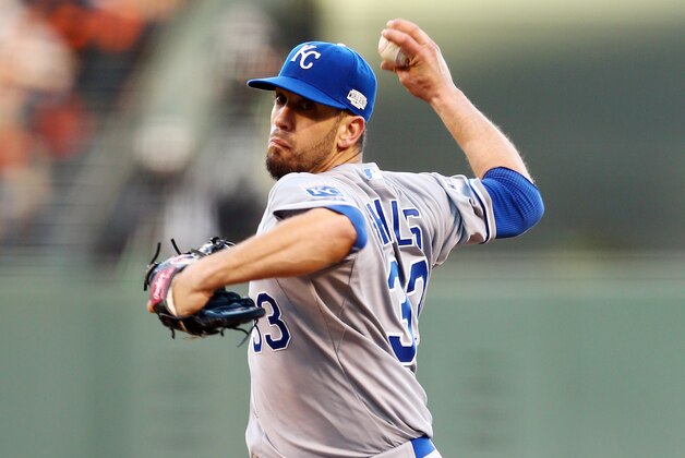 Kansas City Royals pitcher James Shields throws during the first inning of Game 5 of baseball's World Series against the San Francisco Giants Sunday, Oct. 26, 2014, in San Francisco. (AP Photo/Else, Pool)