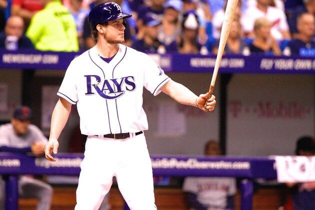 Tampa Bay Rays' Wil Myers catches a ball hit by Cleveland Indians' David Murphy in the second inning of a baseball game, Saturday, Sept. 27, 2014, in Cleveland. Murphy was out on the play. (AP Photo/Tony Dejak)