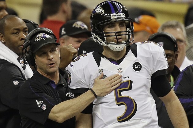 Baltimore Ravens head coach John Harbaugh talks with quarterback Joe Flacco (5) after the Ravens scored a touchdown against the San Francisco 49ers during the first half of the NFL Super Bowl XLVII football game, Sunday, Feb. 3, 2013, in New Orleans. (AP Photo/Gene Puskar)