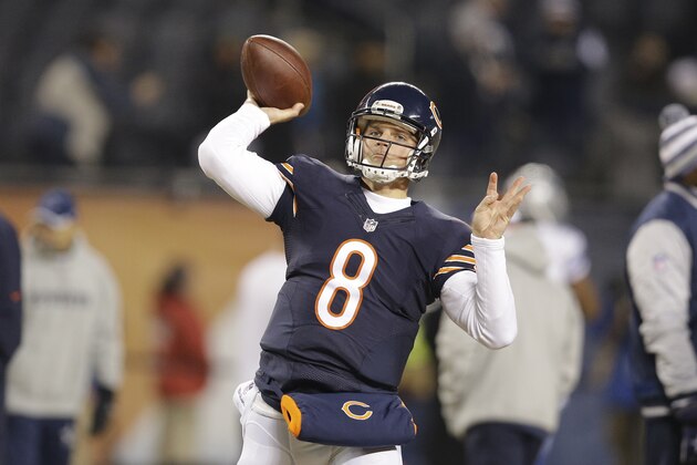 Chicago Bears quarterback Jimmy Clausen (8) warms up before an NFL football game against the Dallas Cowboys, Thursday, Dec. 4, 2014, in Chicago. (AP Photo/Nam Y. Huh)
