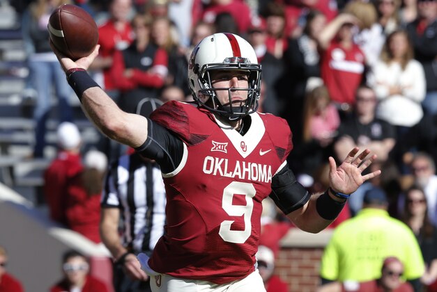 Oklahoma quarterback Trevor Knight (9) is pictured during an NCAA college football game between Baylor and Oklahoma in Norman, Okla., Saturday, Nov. 8, 2014. Baylor won 48-14. (AP Photo/Sue Ogrocki)