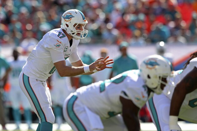 MIAMI GARDENS, FL - DECEMBER 07:  Quarterback Ryan Tannehill #17 of the Miami Dolphins calls signals in the first quarter as the Dolphins met the Baltimore Ravens in a game at Sun Life Stadium on December 7, 2014 in Miami Gardens, Florida.  (Photo by Mike Ehrmann/Getty Images)