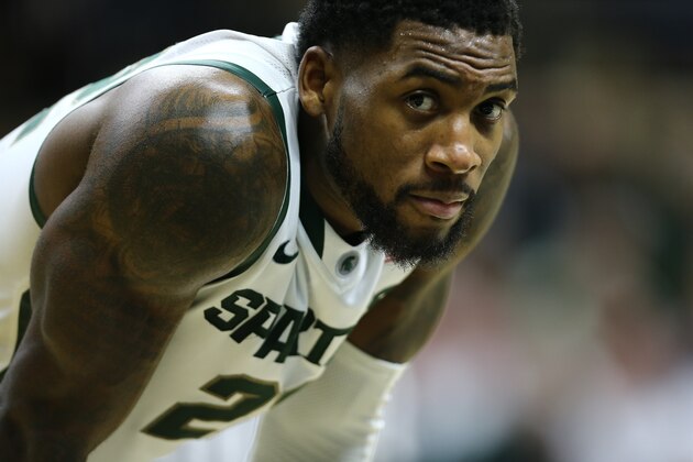 EAST LANSING, MI - DECEMBER 14: Branden Dawson #22 of the Michigan State Spartans during the game against the Oakland Golden Grizzlies at the Breslin Center on December 14, 2014 in East Lansing, Michigan. (Photo by Rey Del Rio/Getty Images)