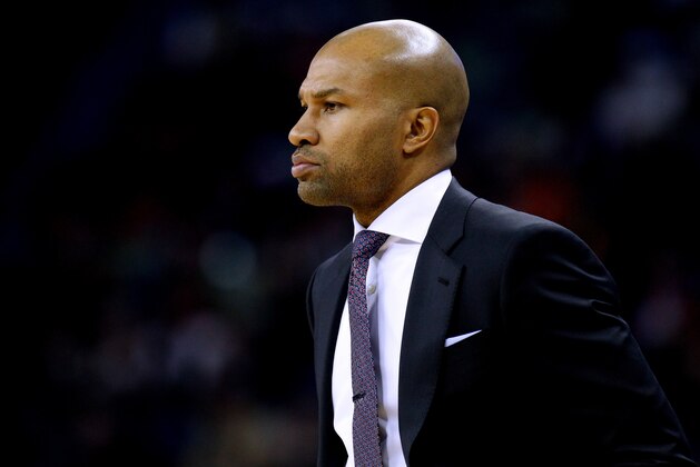 New York Knicks head coach Derek Fisher reacts during the second half of an NBA basketball game in New Orleans, Tuesday, Dec. 9, 2014.  The Pelicans won 104-93. (AP Photo/Jonathan Bachman)