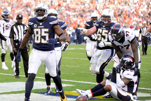 San Diego Chargers tight end Antonio Gates, celebrates after scoring against the Denver Broncos during the second half in an NFL football game Sunday, Dec. 14, 2014, in San Diego. (AP Photo/Denis Poroy)