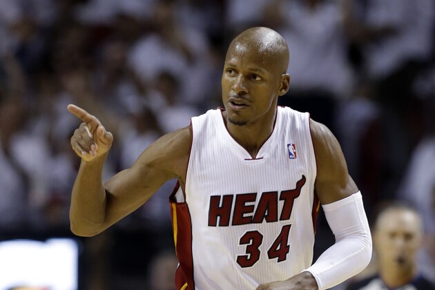 Miami Heat guard Ray Allen gestures after scoring a three-point basket during the first half Game 6 in the NBA basketball playoffs Eastern Conference finals against the Indiana Pacers, Friday, May 30, 2014, in Miami. (AP Photo/Lynne Sladky)