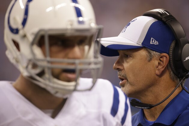 Indianapolis Colts' Andrew Luck walks past head coach Chuck Pagano during the first half of an NFL preseason football game against the New York Giants Saturday, Aug. 16, 2014, in Indianapolis. (AP Photo/AJ Mast)