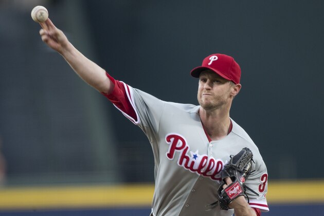 Philadelphia Phillies starting pitcher Kyle Kendrick (38) works in the first inning of a baseball game against the Atlanta Braves Tuesday, Sept. 2, 2014, in Atlanta. (AP Photo/John Bazemore)