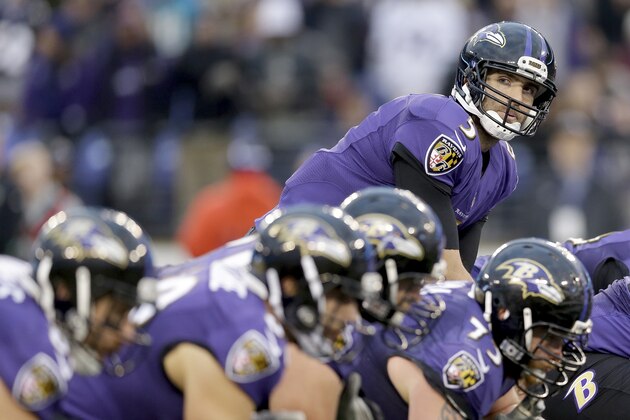 Baltimore Ravens quarterback Joe Flacco (5) looks down the lines during the second half of an NFL football game against the Jacksonville Jaguars in Baltimore, Sunday, Dec. 14, 2014. The Ravens defeated the Jaguars 20-12. (AP Photo/Patrick Semansky)