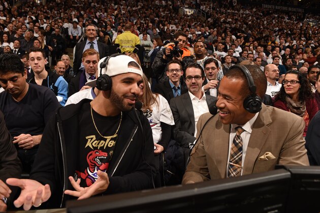 TORONTO, CANADA - DECEMBER 17:  Drake attends the game between the Brooklyn Nets and the Toronto Raptors on December 17, 2014 at the Air Canada Centre in Toronto, Ontario, Canada.  NOTE TO USER: User expressly acknowledges and agrees that, by downloading and or using this Photograph, user is consenting to the terms and conditions of the Getty Images License Agreement.  Mandatory Copyright Notice: Copyright 2014 NBAE (Photo by Ron Turenne/NBAE via Getty Images)